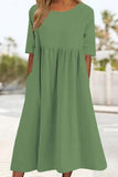 Women's Casual Solid Half Sleeve Pleated Pocket Cotton Dress(9 Colors)