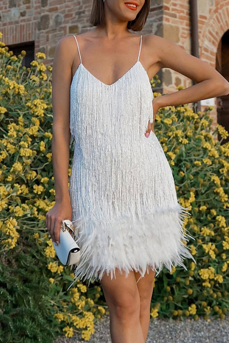 Sexy Solid Tassel Feathers V Neck Pencil Skirt Dresses