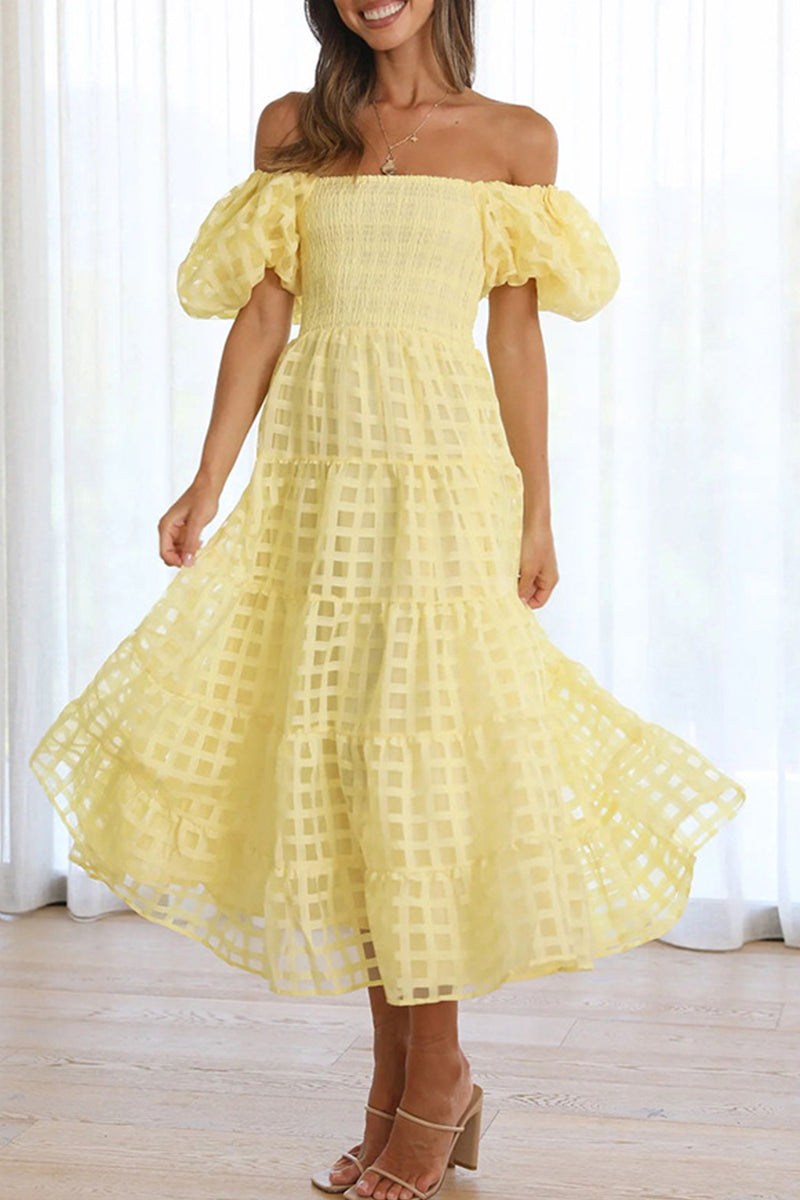 Sweet Elegant Solid Mesh Off the Shoulder Cake Skirt Dresses