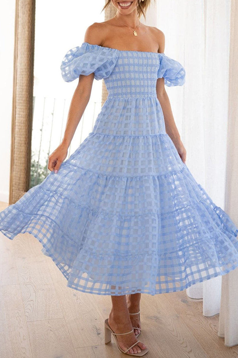 Sweet Elegant Solid Mesh Off the Shoulder Cake Skirt Dresses