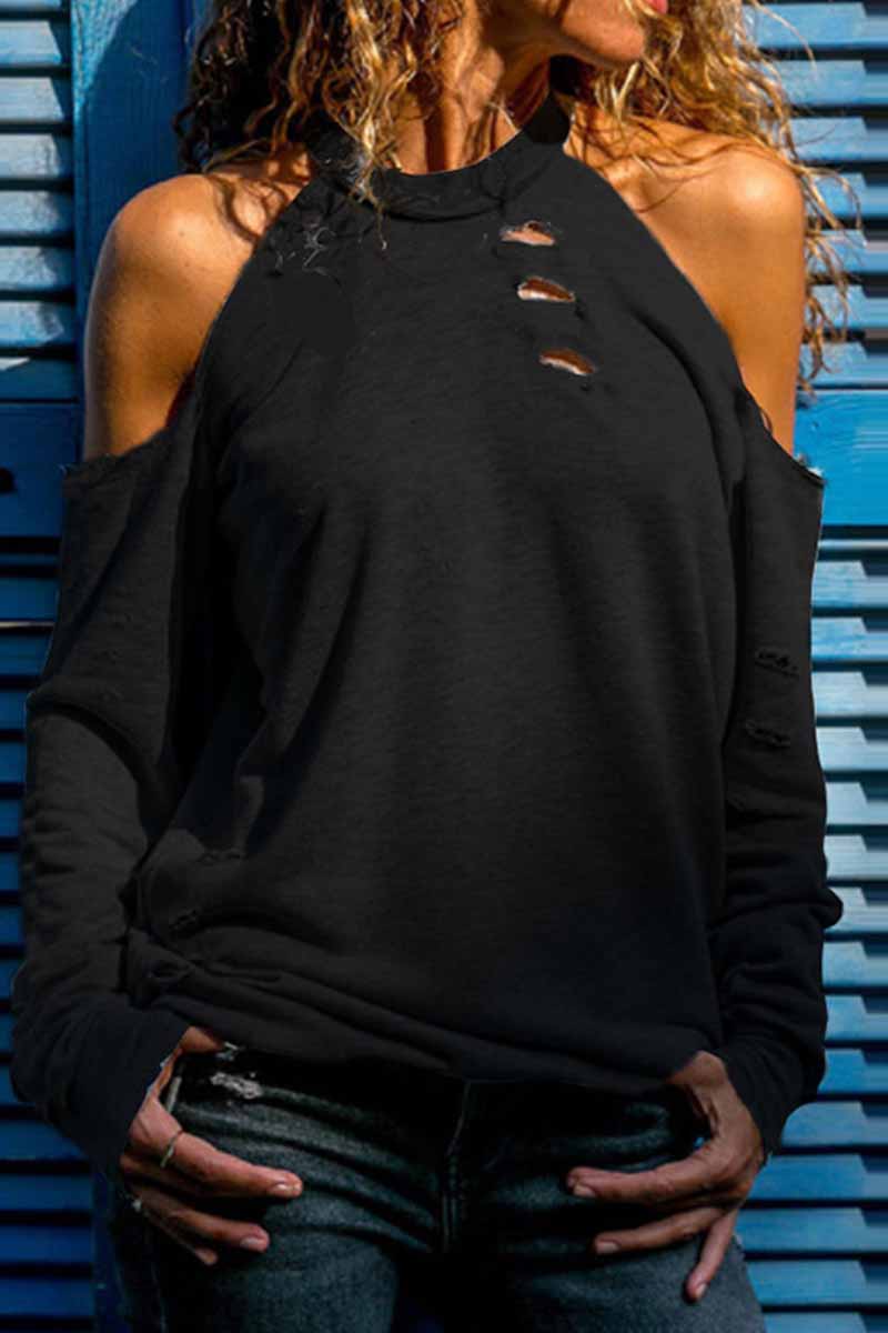 Street Solid Ripped Burn-out O Neck Tops(4 Colors)