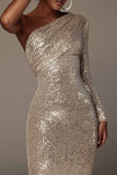 Sexy Solid Sequins One Shoulder One Step Skirt Dresses