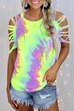 Casual Tie Dye Hollowed Out Patchwork O Neck T-Shirts