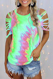 Casual Tie Dye Hollowed Out Patchwork O Neck T-Shirts
