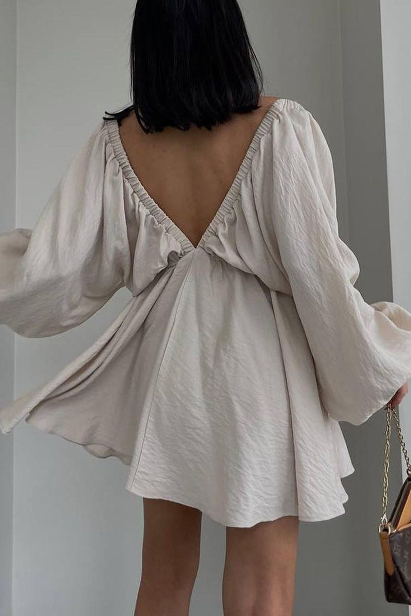 Sexy Simplicity Solid Flounce Fold V Neck Long Sleeve Dresses