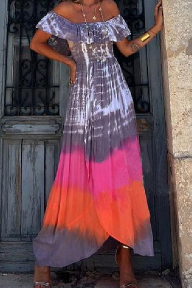 Street College Tie Dye Printing Off the Shoulder Printed Dress Dresses