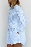 Casual Striped Patchwork Pocket Turndown Collar Long Sleeve Two Pieces