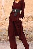 Casual Solid With Belt V Neck Long Sleeve Two Pieces(3 Colors)