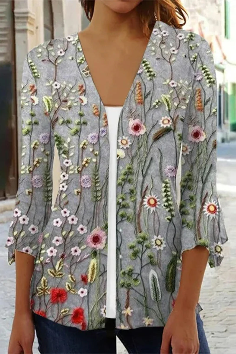 Casual Print Patchwork V Neck Outerwear