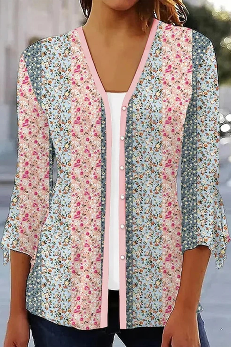 Casual Print Patchwork V Neck Outerwear