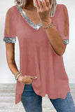 Casual Solid Sequins V Neck T-Shirts