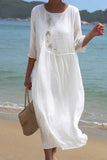 Casual Solid Embroidered O Neck A Line Short Sleeve Dress