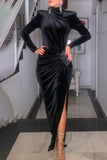 Celebrities Elegant Solid Slit Asymmetrical Turtleneck Evening Dress Dresses