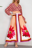 Elegante vestido universitário listrado floral patchwork com decote em V vestidos estampados