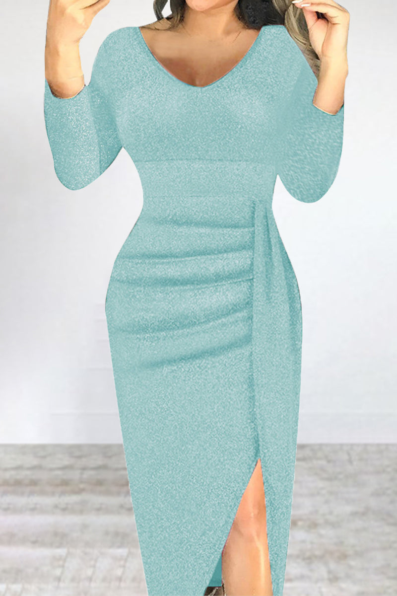 Elegant Solid Fold Sequined V Neck Irregular Dress Dresses