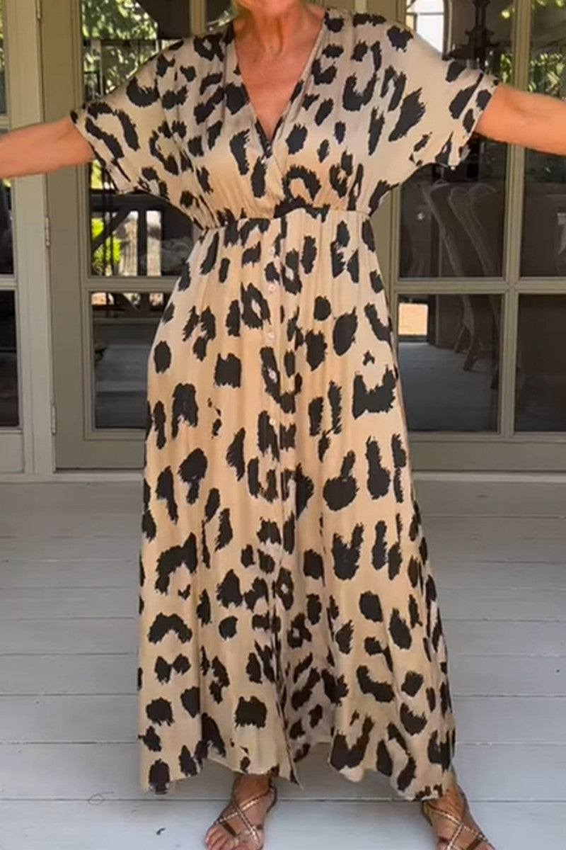Casual Print Leopard Patchwork V Neck Long Dresses(3 Colors)