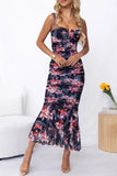 Elegant Floral Fold Square Collar Printed Dresses(3 Colors)