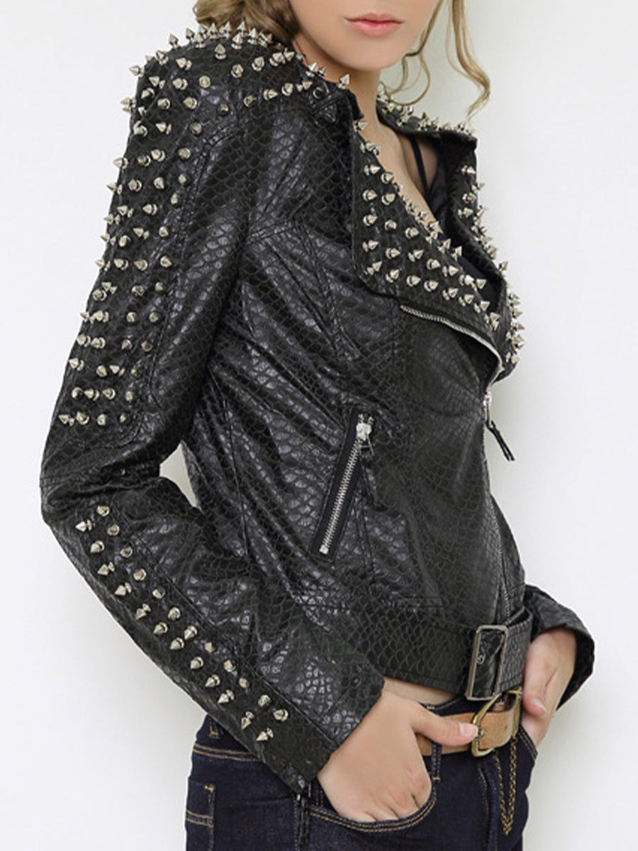 Casual Punk Solid Rivets Turndown Collar Outerwear