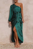 Elegant Solid Frenulum Asymmetrical Oblique Collar Irregular Dresses(6 Colors)