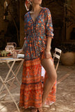 Bohemian College Floral Hollowed Out V Neck Printed Dress Dresses