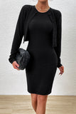 Elegant Solid Buttons O Neck Long Sleeve Two Pieces(4 Colors)
