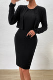 Elegant Solid Buttons O Neck Long Sleeve Two Pieces(4 Colors)