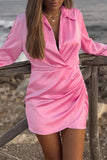Elegant Solid Fold Turndown Collar Wrapped Skirt Dresses(5 Colors)