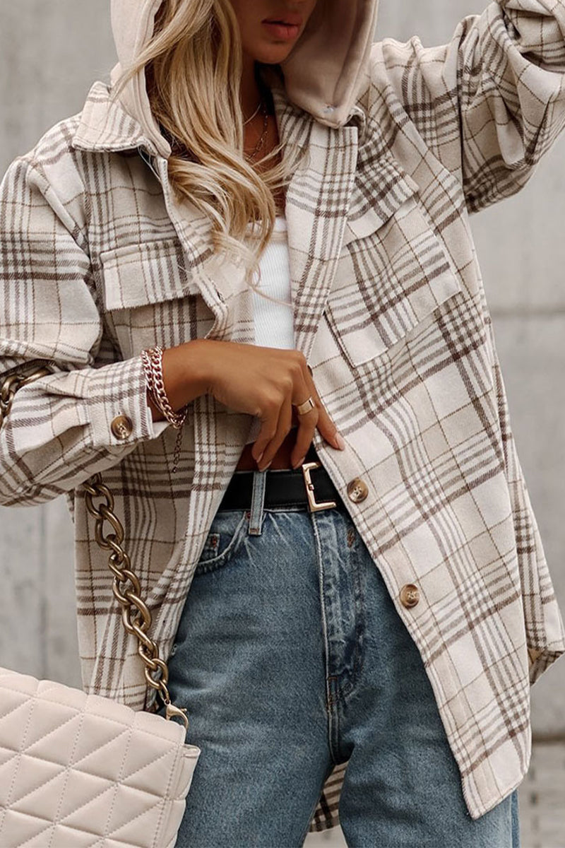 Casual Plaid Patchwork Hooded Collar Outerwear