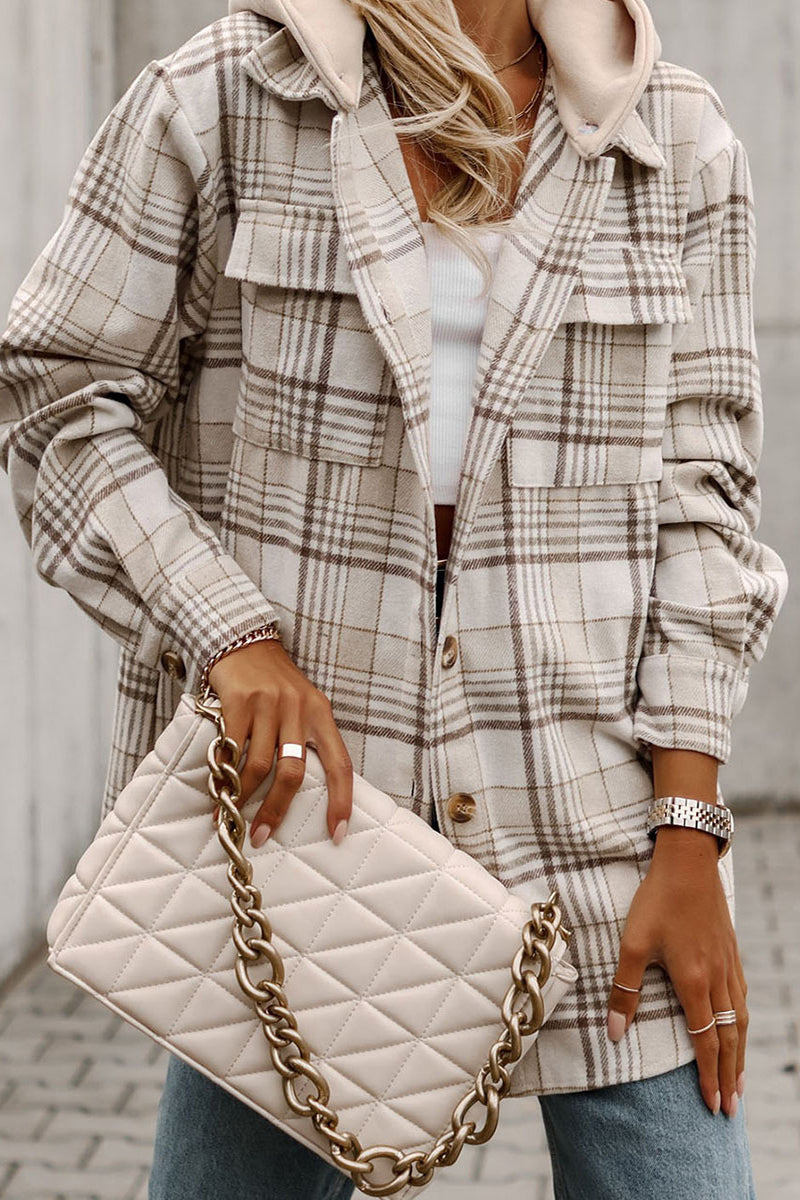 Casual Plaid Patchwork Hooded Collar Outerwear