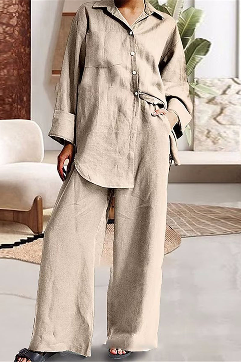 Casual Simplicity Solid Pocket Turndown Collar Long Sleeve Two Pieces(6 Colors)