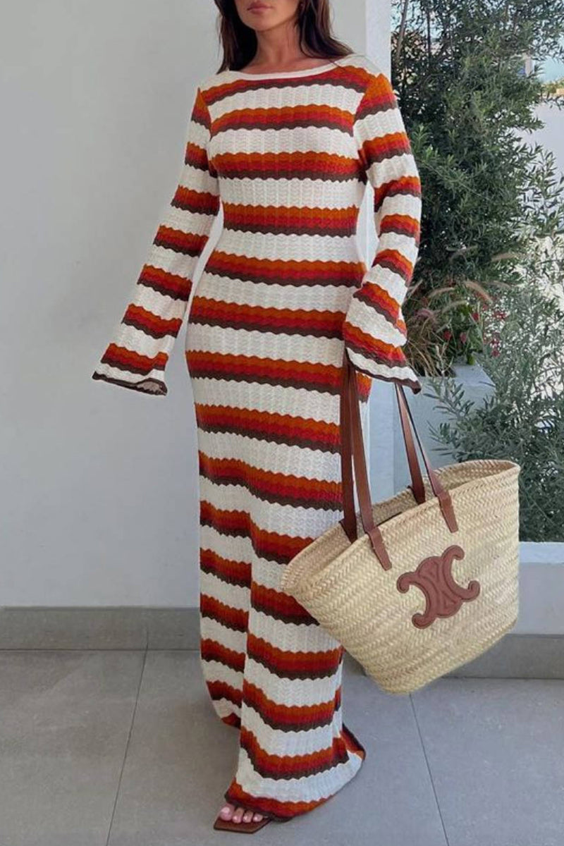 Casual Vacation Striped Contrast O Neck Long Sleeve Dresses