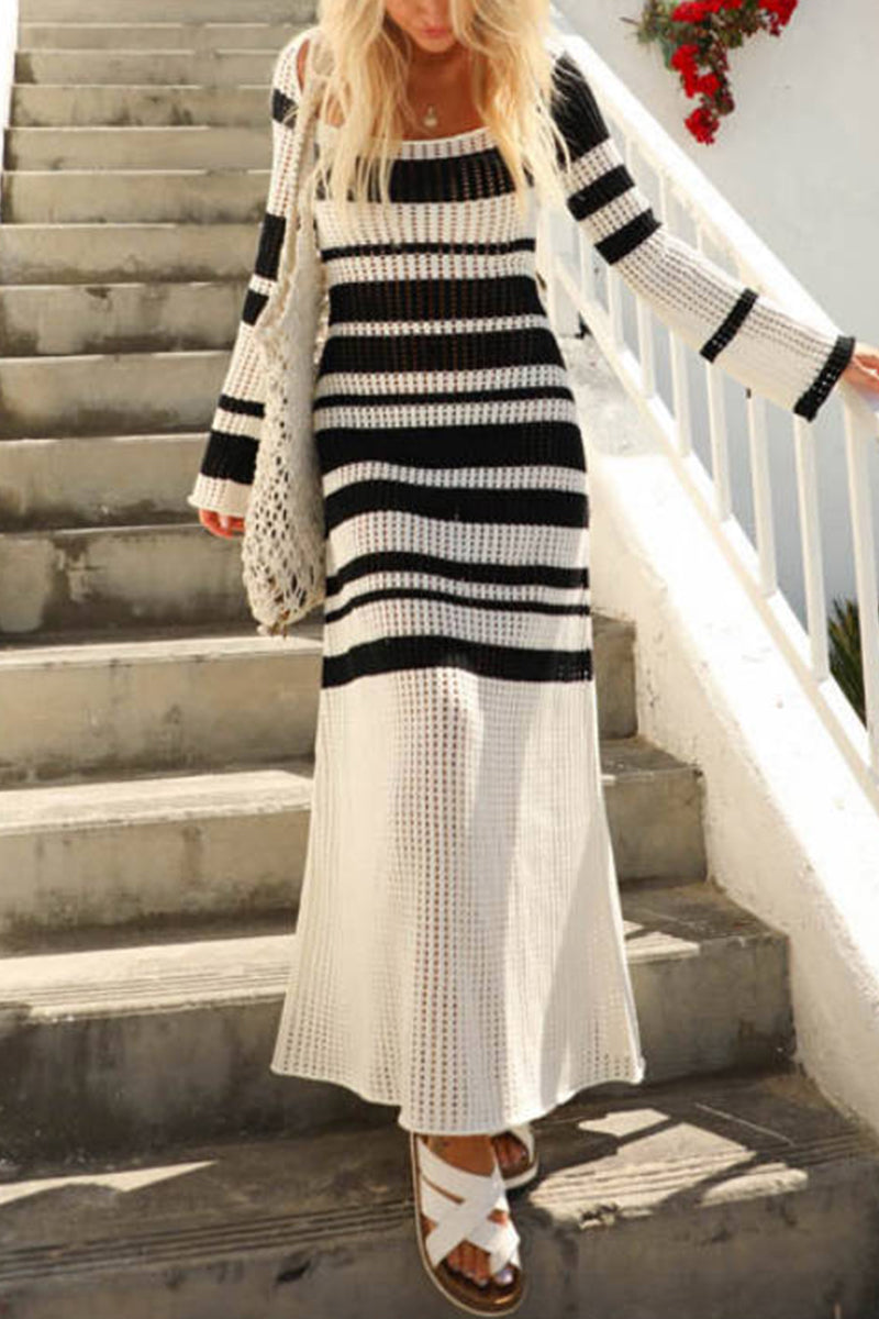 Casual Vacation Striped Contrast Square Collar Long Sleeve Dresses