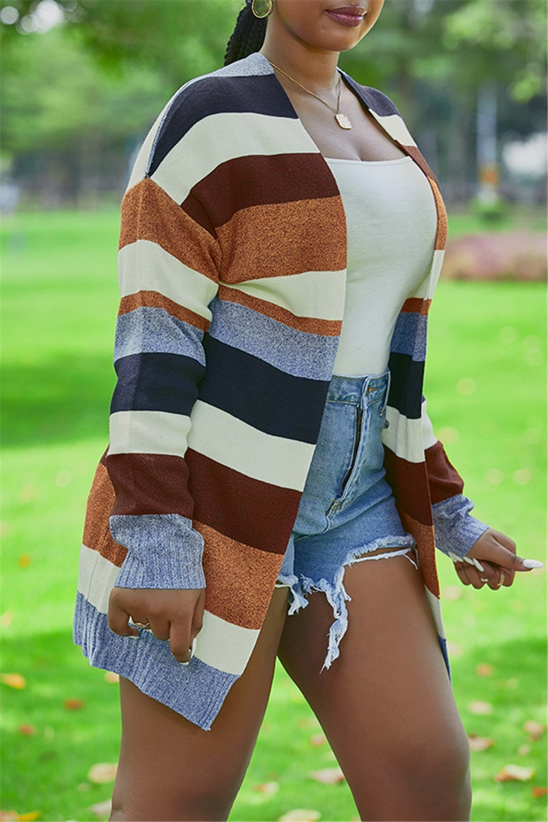 Women Fashion Autumn And Winter Striped Cardigan Coat